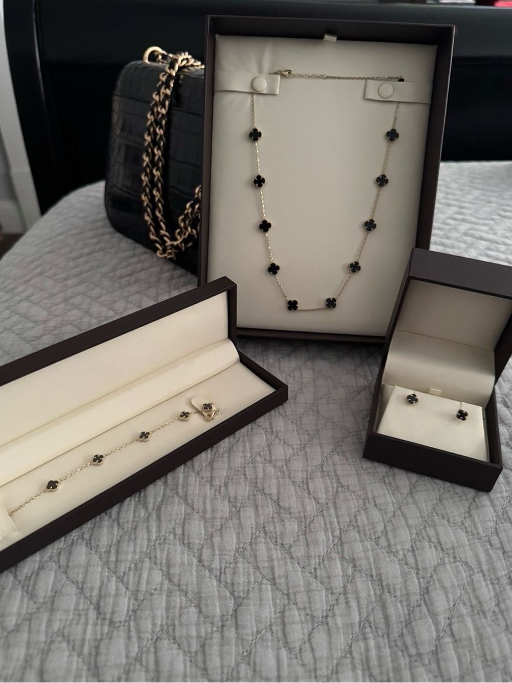 Gold Plated Necklace, Bracelet and Stud Earrings Set with Black Clover Accents